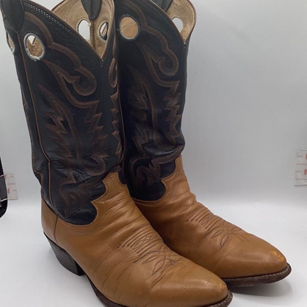 Justin Leather Boots Mens 9.5D Style20794 USA Vintage 1970's-1980's Tan & Black